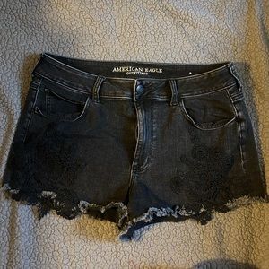 Black American Eagle High Rise Shortie Shorts w/ Lace Detail